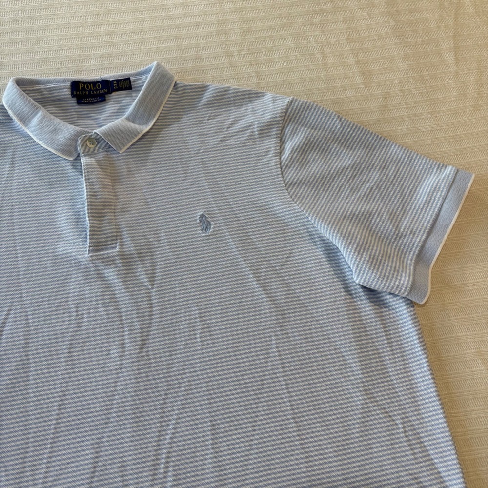 Polo Ralph Lauren Mens XL Classic Fit Stretch Mesh Blue White Striped Polo Shirt